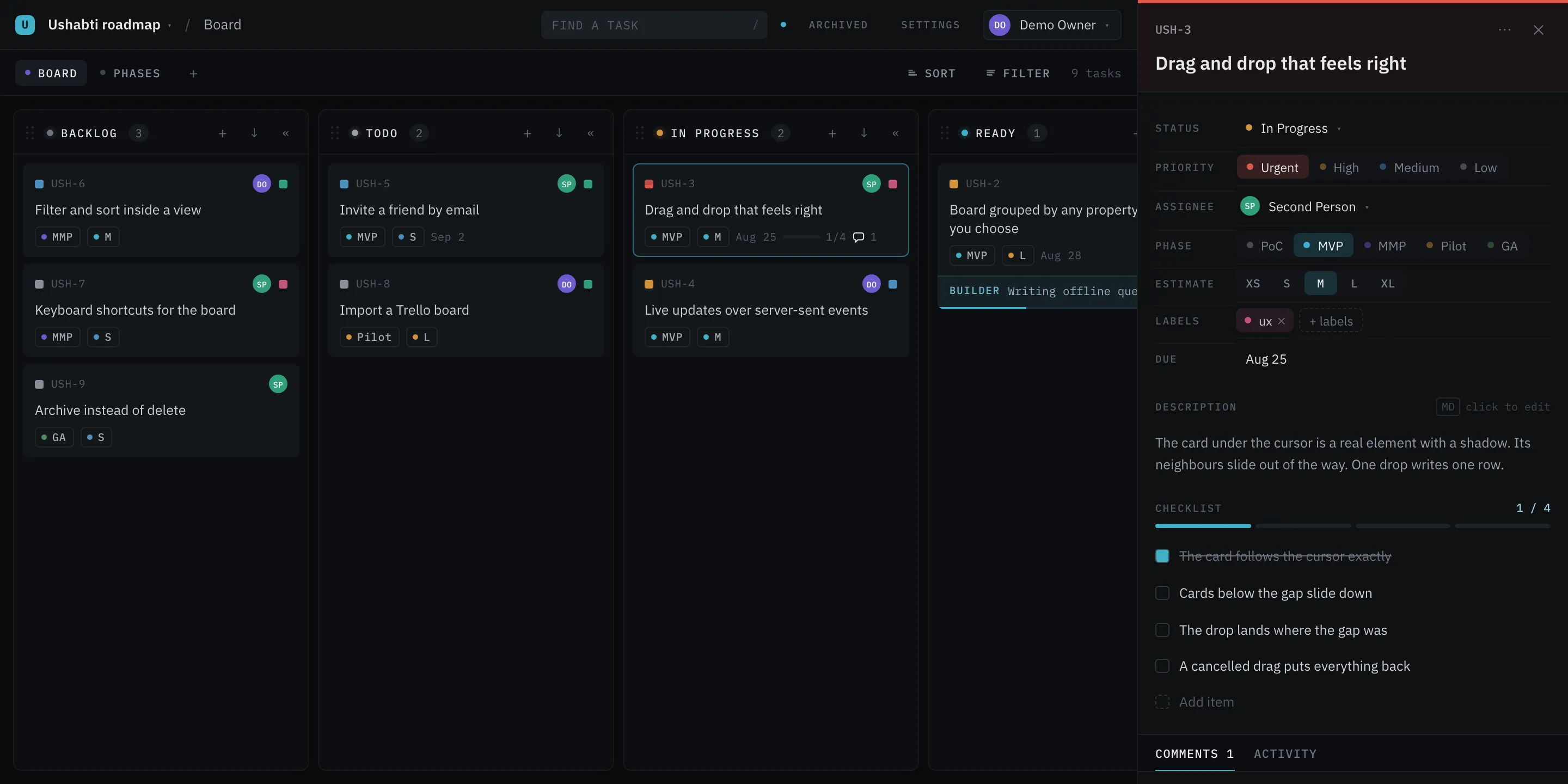 The Ushabti task panel: title, properties, a markdown description, a checklist with a progress bar, and tabs for comments, activity and the agent.